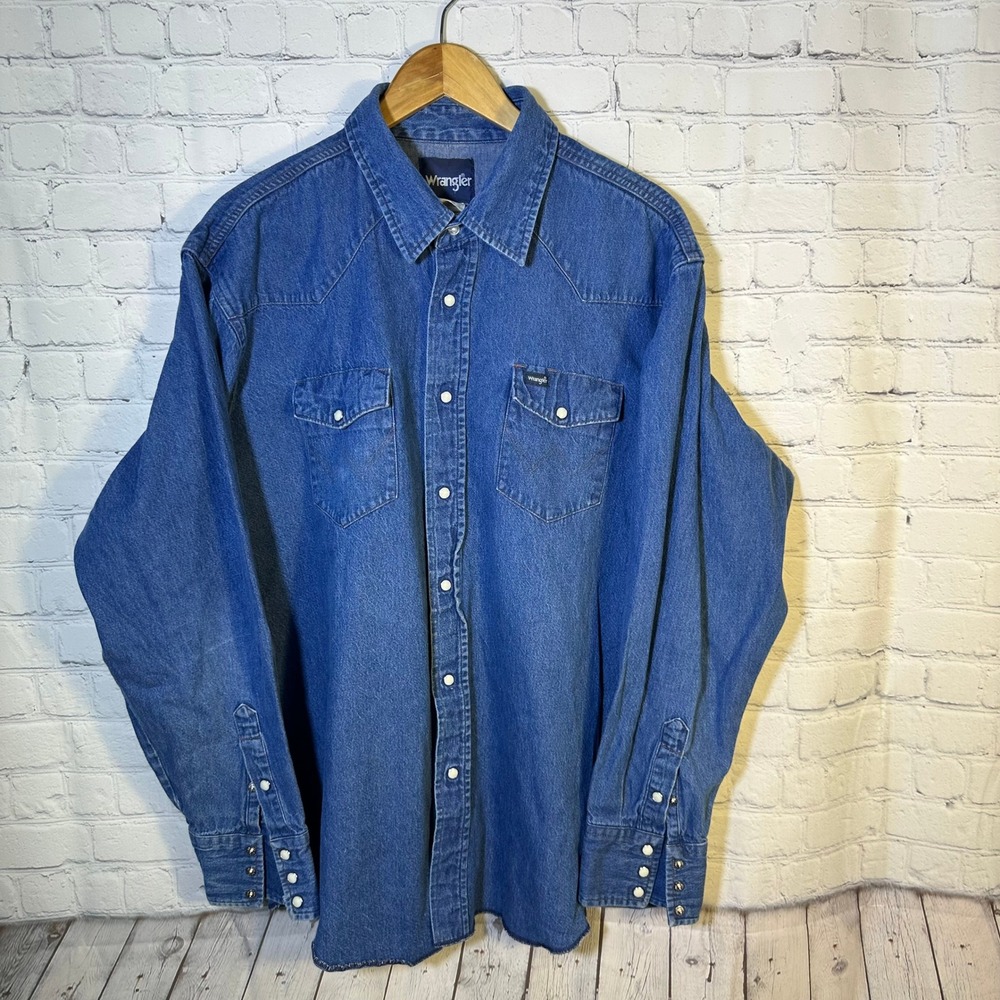 Wrangler Mens Western Denim Shirt Medium Wash Pearl Snap Long Sleeve‎ Blue Large